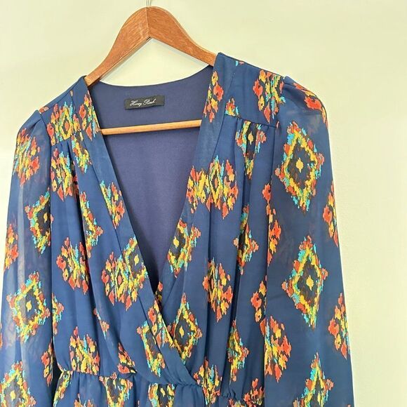 Lulu's Honey Punch That's a Wrap Dress Womens Small Blue Gold Print Tulip Skirt - Picture 5 of 11